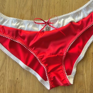Santa Knicker, red satin brief for Christmas with white satin band and festive charm in plus size uk6 - uk22 festive satin panty