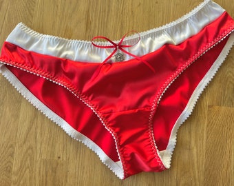 Santa Knicker, red satin brief for Christmas with white satin band and festive charm in plus size uk6 - uk22 festive satin panty