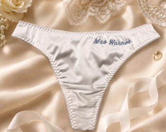 Personalised Ivory Satin Bridal Thong with Custom Embroidery