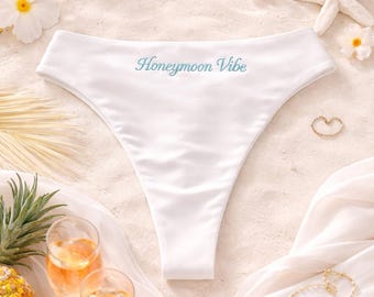Personalised embroidered white bikini bottoms for honeymoon, customised new married name, reversible.