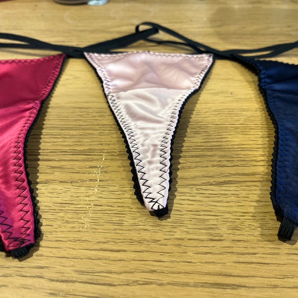 Womens pink satin g-string, Itallian Boselli satin lingerie, available in sizes UK8-UK22 and cadbury purple and navy blue