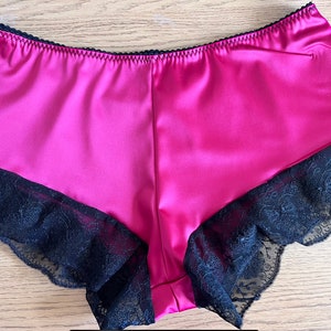 Women’s Satin Boyshort Hot Pink Lingerie Size uk8 - uk22 with black lace, plus size lingerie.