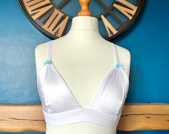 Women's full coverage white satin triangle bralette sizes 30" - 38" adjustable straps with hook & eye fastening
