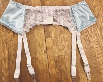Wedding Underwear something blue satin suspender belt with floral lace panelling. 4 straps with metal clips sizes uk8 - uk22.