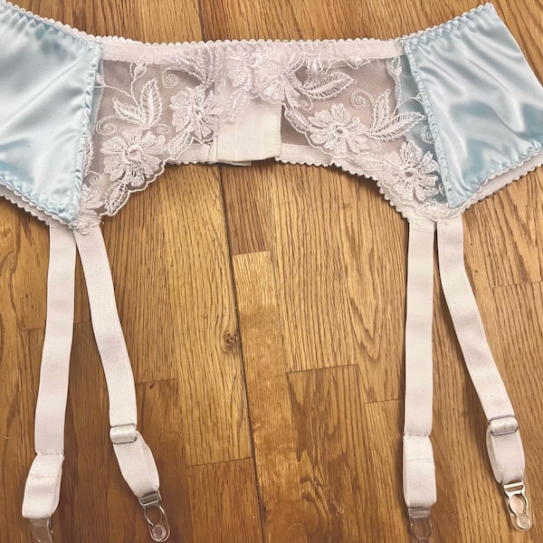 Wedding Underwear something blue satin suspender belt with floral lace panelling. 4 straps with metal clips sizes uk8 - uk22.