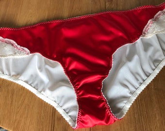 Scarlet Red satin womens brief, lace panels and see through bum, available in plus sizes UK8-UK22