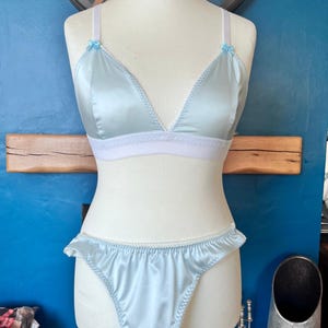 Wedding underwear something blue bridal lingerie womens light blue satin bralette with matching thong sizes 28 - 38.