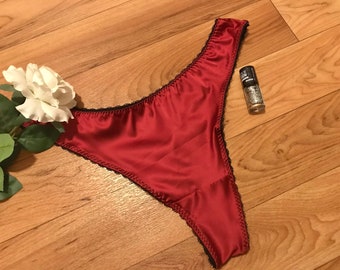 Stunning red satin womens thong, sizes UK6 - UK22. Valentines gift, valentines gift for her. Ladies underwear made in the uk up to plus size