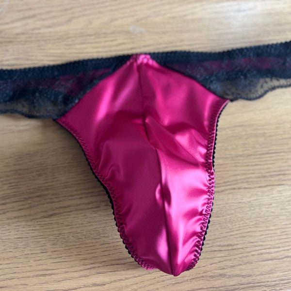 Men’s satin & Lace thong. Mens satin thong. Lacy men’s underwear. Available in sizes, S, M,L,XL. Handmade in UK