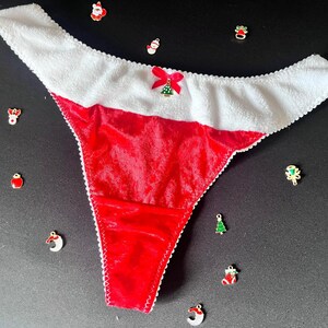 Women&#39;s Red & White Santa Thong handmade with crushed velvet in sizes uk8 - plus size lingerie uk22