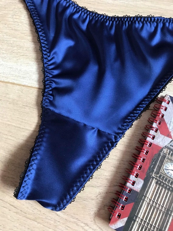 Handmade Navy Blue Satin String Bikini Panties – Classic 90s Style – Unisex