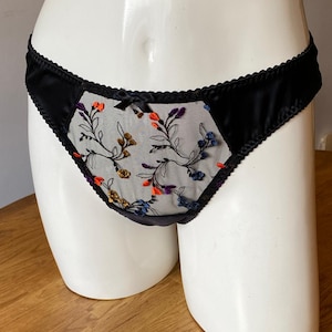 Florence Black Satin & Floral Embroidered Mesh Thong Sizes uk8 - plus size uk22