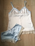 Harmony ivory and something blue satin camisole set. Womens lingerie set including cami top & boyshort with lace edging ~ sizes uk8 - 22