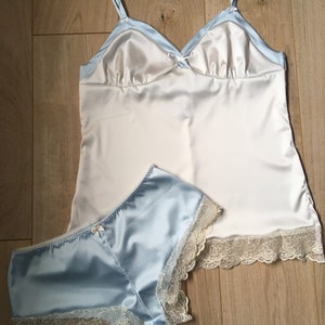 Harmony ivory and something blue satin camisole set. Womens lingerie set including cami top & boyshort with lace edging ~ sizes uk8 - 22