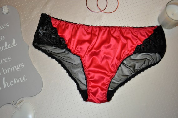 Satin Briefs Scarlet Red Satin & Black Lace See Through Bum Mesh Lingerie  Handmade Plus Size Valentines Day Gift 