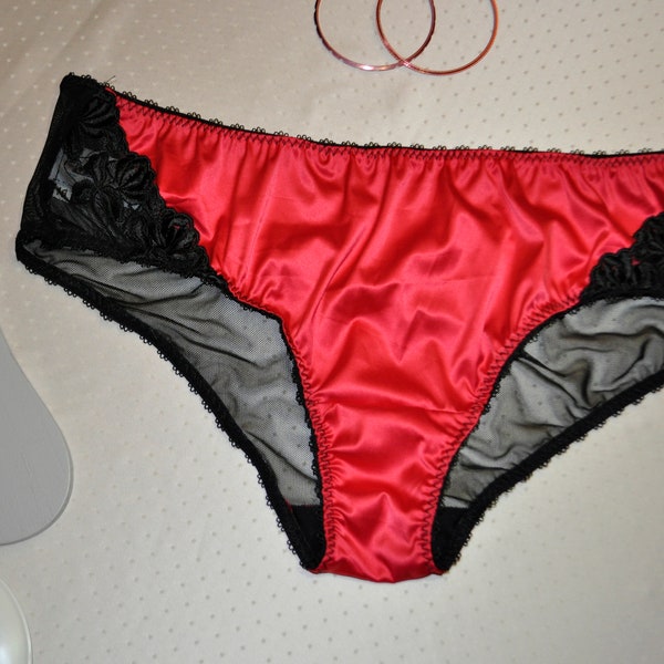 Satin Briefs ~ Scarlet Red Satin & Black Lace ~ See through bum ~ mesh lingerie ~ handmade ~ plus size ~ Valentines Day Gift