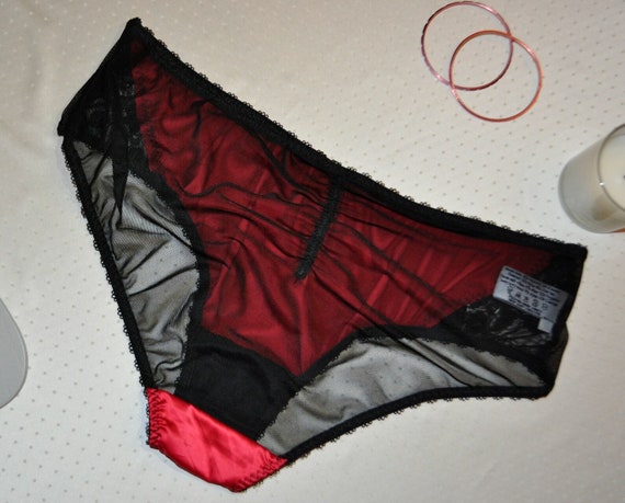 Satin Briefs Scarlet Red Satin & Black Lace See Through Bum Mesh Lingerie  Handmade Plus Size Valentines Day Gift 