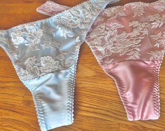 Bridal underwear something blue lace lingerie. Pink & blue lace satin lingerie thong set. A lovely wedding underwear set. uk6 - uk22