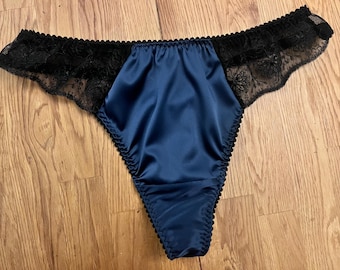 Ladies petrol/ jade satin & black lace thong in sizes uk8 - uk22 with sheer back by Moonrise Lingerie. Ideal gift for her.