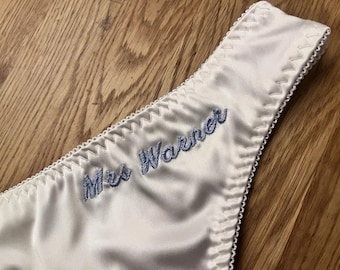 Personalised wedding lingerie - customised ivory satin bridal thong, uk8 - 22. Wedding accessories & brides gift.
