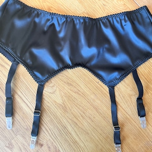Womens black lingerie - Black satin suspender belt, 4 straps available from uk8 to plus size lingerie uk22. Black garter belt
