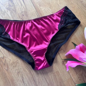 Satin Briefs ~ Hot Pink Satin & Black Lace ~ See through bum ~ mesh lingerie ~ handmade ~ plus size ~ Valentines Day Gift