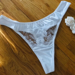 Bella white satin and lace womens thong, sexy underwear plus size UK6-UK22. Ladies white panties lingerie gift idea for her