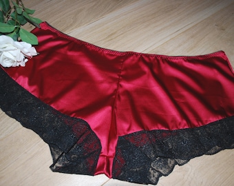 Colorado Red Darcy Satin Boyshort ~ Sizes 10 - 22 ~ Womens Satin Underwear ~ Black Lace