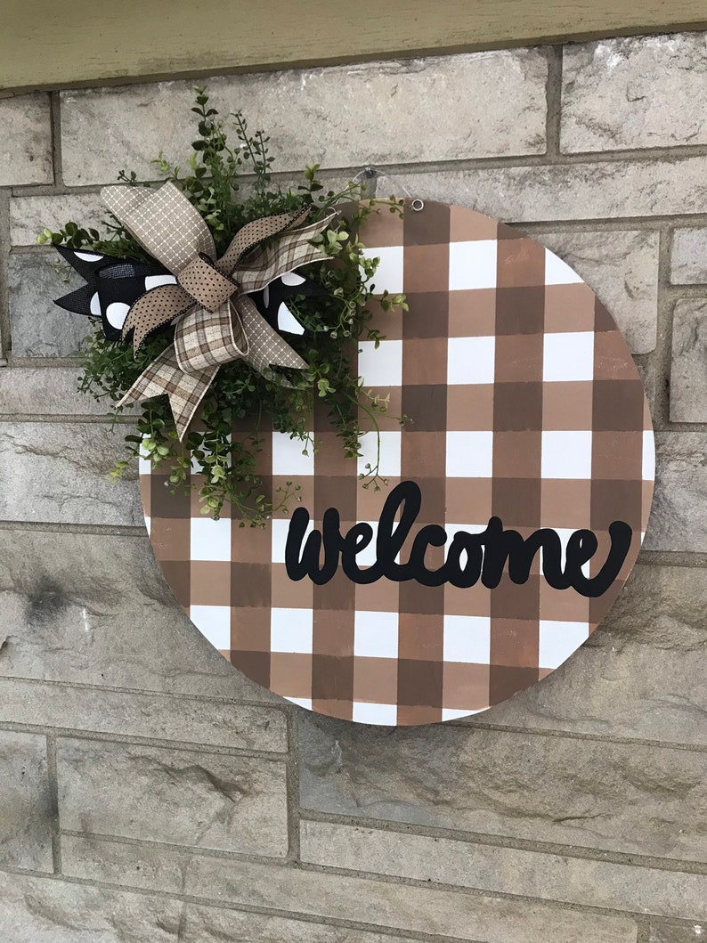Welcome door hangerwreath gift fall door hanger year around wreath buffalo plaid
