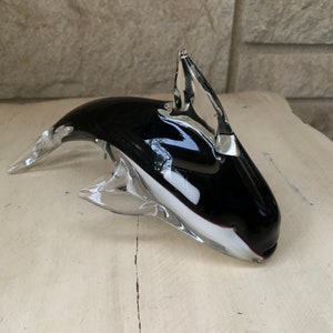 Vintage art glass black and white whale