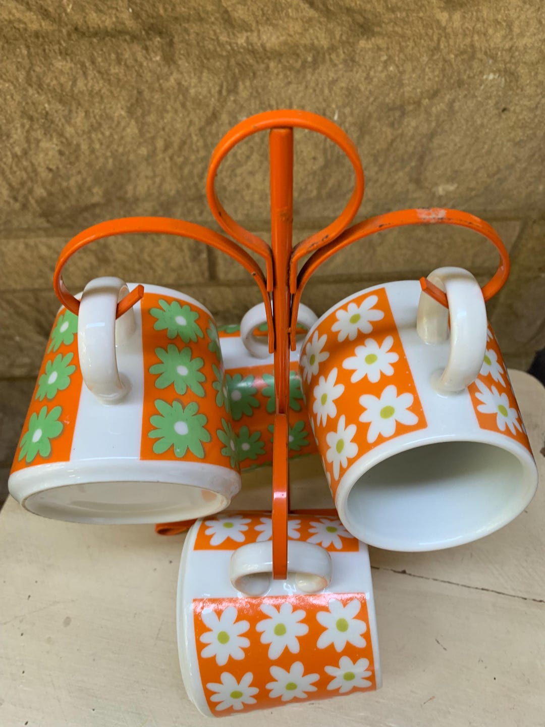 Vintage Retro Orange Metal Mug Rack With 4 Daisy Flower Mugs - Etsy