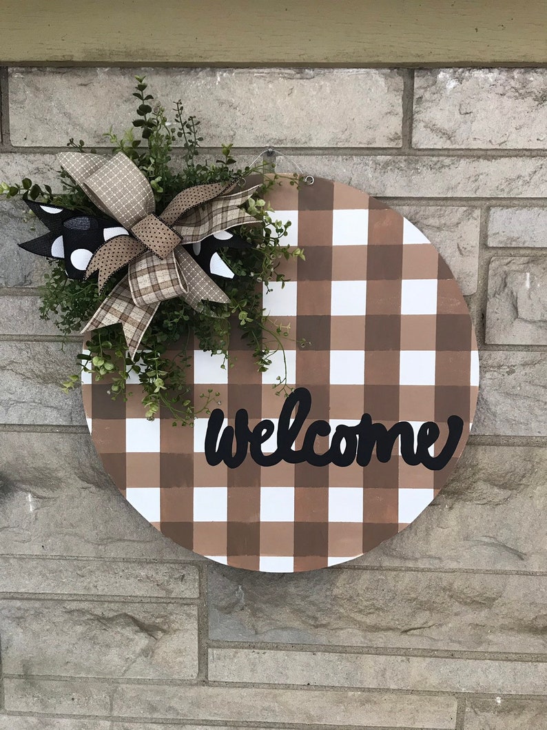 Welcome door hangerwreath gift fall door hanger year around wreath buffalo plaid