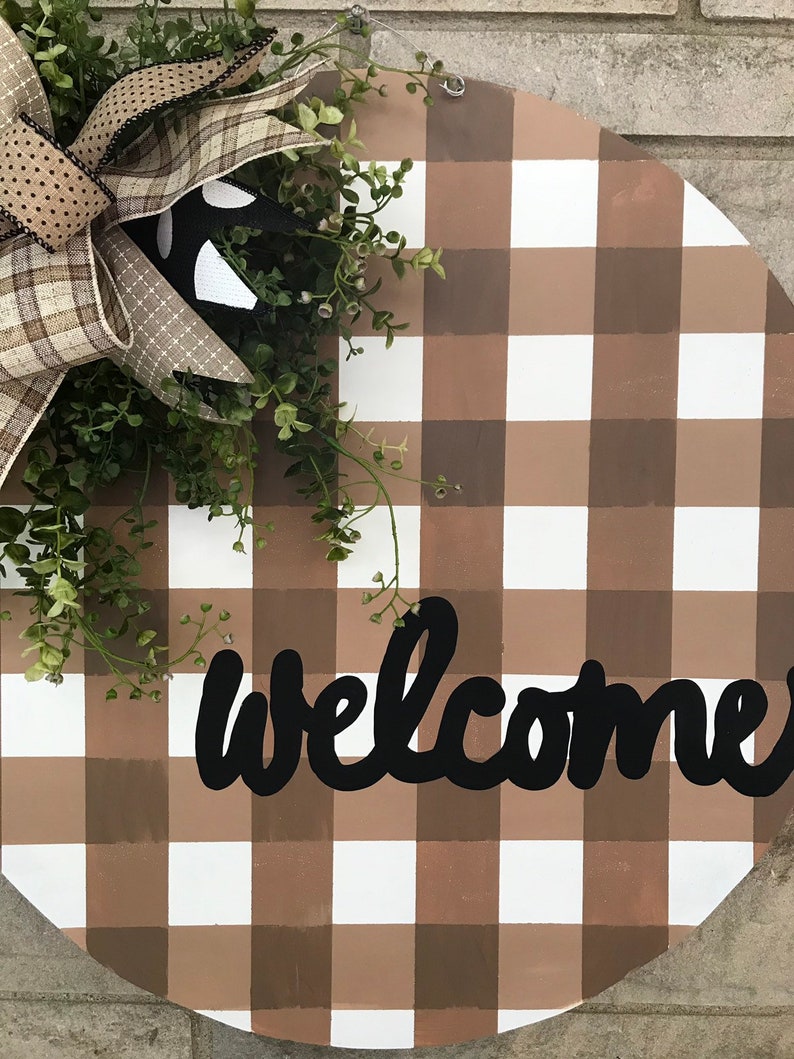 Welcome door hangerwreath gift fall door hanger year around wreath buffalo plaid