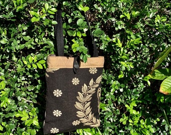 Medium Top Handle Tote  Upcycled Fabric    Black and Taupe Floral Design