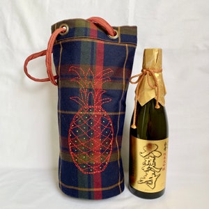 Small Bucket Bag   Upcycled Fabric   Plaid with Red Pineapple Embroidery