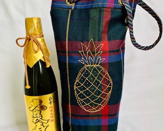 Small Bucket Bag Upcycled Fabric  Gold Pineapple Embroidery