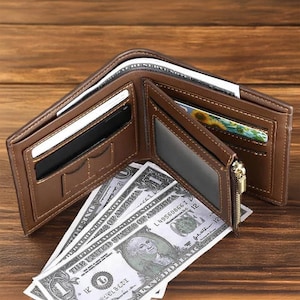 Carteira masculina de couro personalizada, carteira personalizada com gravação à mão, presente de aniversário de casamento para pai, namorado, marido, pai