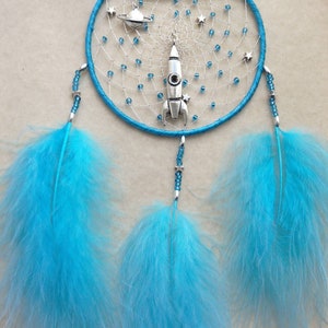 Pu&ograve; includere: Un acchiappasogni blu e argento con il nome "Patrick" scritto in perline argentate. L'acchiappasogni &egrave; decorato con un razzo, un pianeta e stelle. Ha tre lunghe piume blu che pendono dal basso.