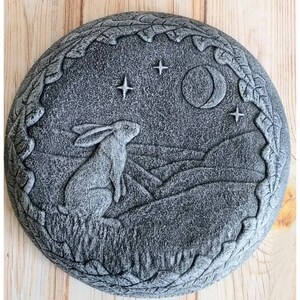 Grey Moon Gazing Hare Wall Hanging Plaque - Indoor or Outdoor Garden Ornament Pagan wiccan birthday gift, Rabbit bunny