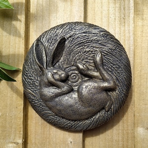 Sleeping Hare Garden Wall Hanging Plaque, Bronze Effect, Indoor or Outdoor, pagan wiccan sculpture gift