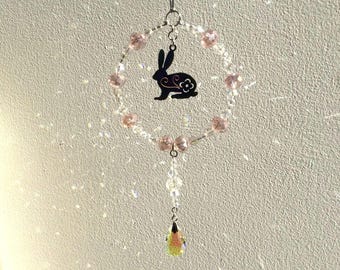Pequeño atrapasoles conmemorativo de conejo, decoración para el hogar que crea un arcoíris, regalo rosa brillante