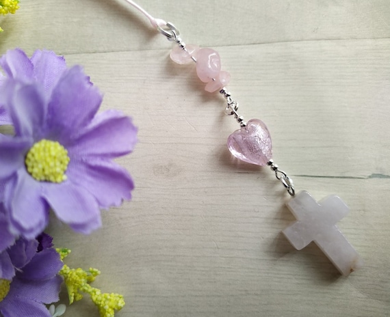Minimalist Rose Quartz Cross Car Mirror Charm: Gemstone New Driver Gift