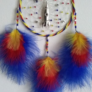 Pu&ograve; includere: Un acchiappasogni giallo, rosso e blu con la parola "AUGUST" scritta in perline d'argento. L'acchiappasogni ha un razzo d'argento e un ciondolo di pianeta d'argento che pendono. Tre piume multicolori pendono dalla parte inferiore dell'acchiappasogni.