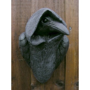 Mystic Hooded Crow Plaque, GARDEN WALL or INDOOR Pagan Ornament, unusual gothic raven sculpture, quirky wall art gift