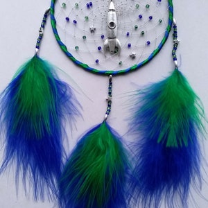 Pu&ograve; includere: Un acchiappasogni blu e verde con un ciondolo a forma di razzo e pianeta argentato. L'acchiappasogni ha tre piume blu e verdi che pendono.
