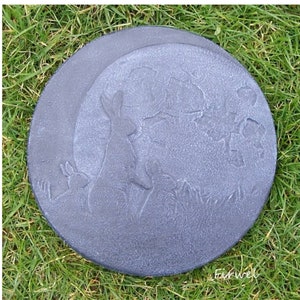 Moon Gazing Hare Family Stepping Stone, Pagan wiccan garden ornament