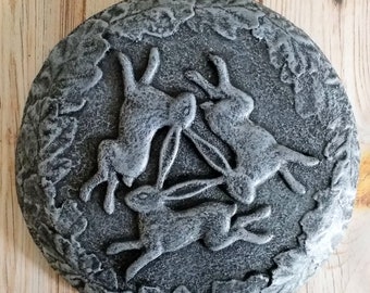 Grey Three Hares Wall Plaque, Stone garden ornament, Indoor or Outdoor, pagan wiccan sculpture birthday gift