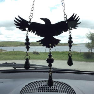 Gothic Beaded Raven silhouette rear view mirror hanger,  Crow Goth Birthday gift