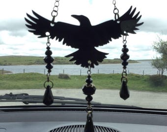 Gothic Beaded Raven silhouette rear view mirror hanger,  Crow Goth Birthday gift
