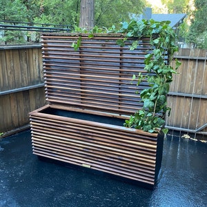 Black Walnut Mid Century Modern Planter with Trellis, Architectural Louvers, Ipe Brazilian Hardwood, Privacy Screen, Balcony Planter.